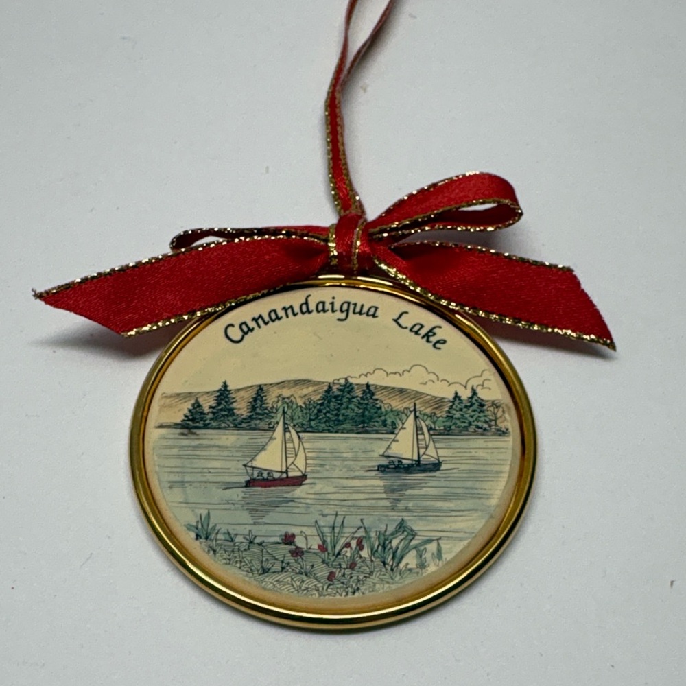 Canandaigua Lake Holiday Ornament with Red Ribbon
